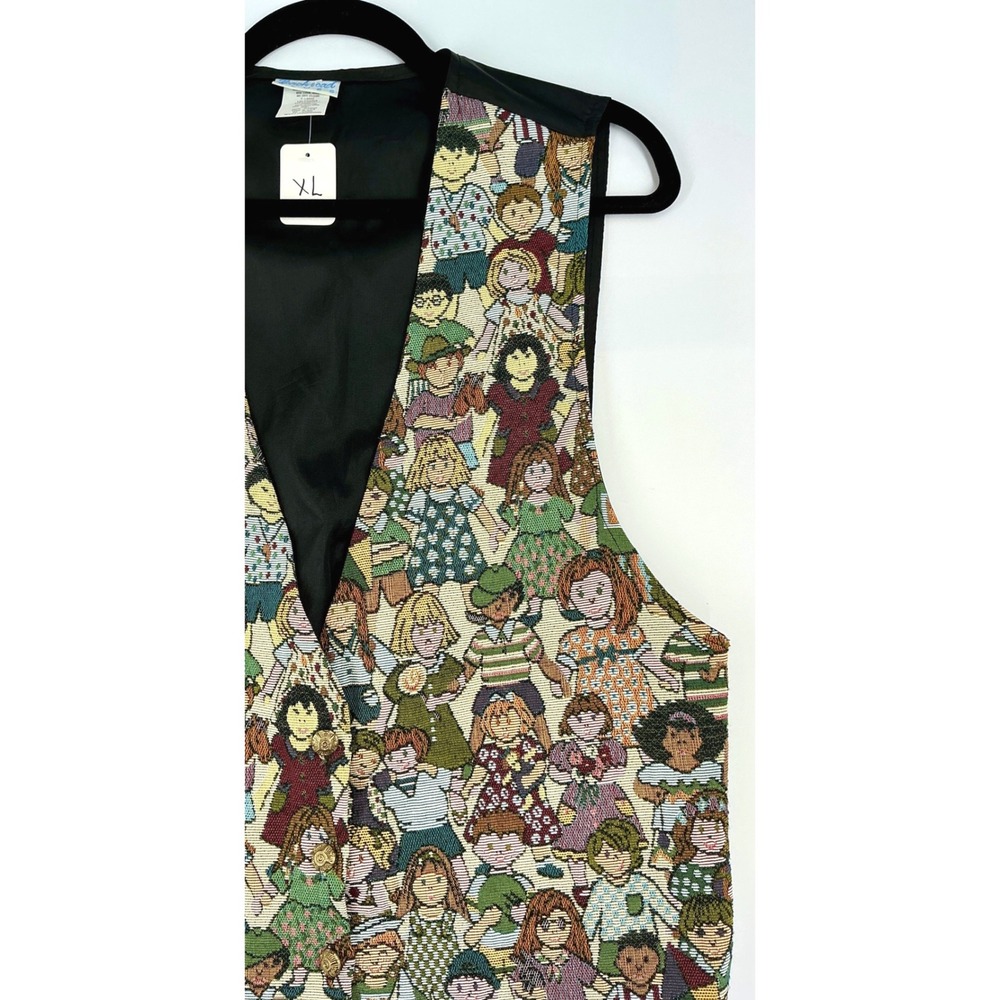 Vintage Children of the World Print Brocade Open Front Vest Teacher Kidcore - Picture 5 of 14